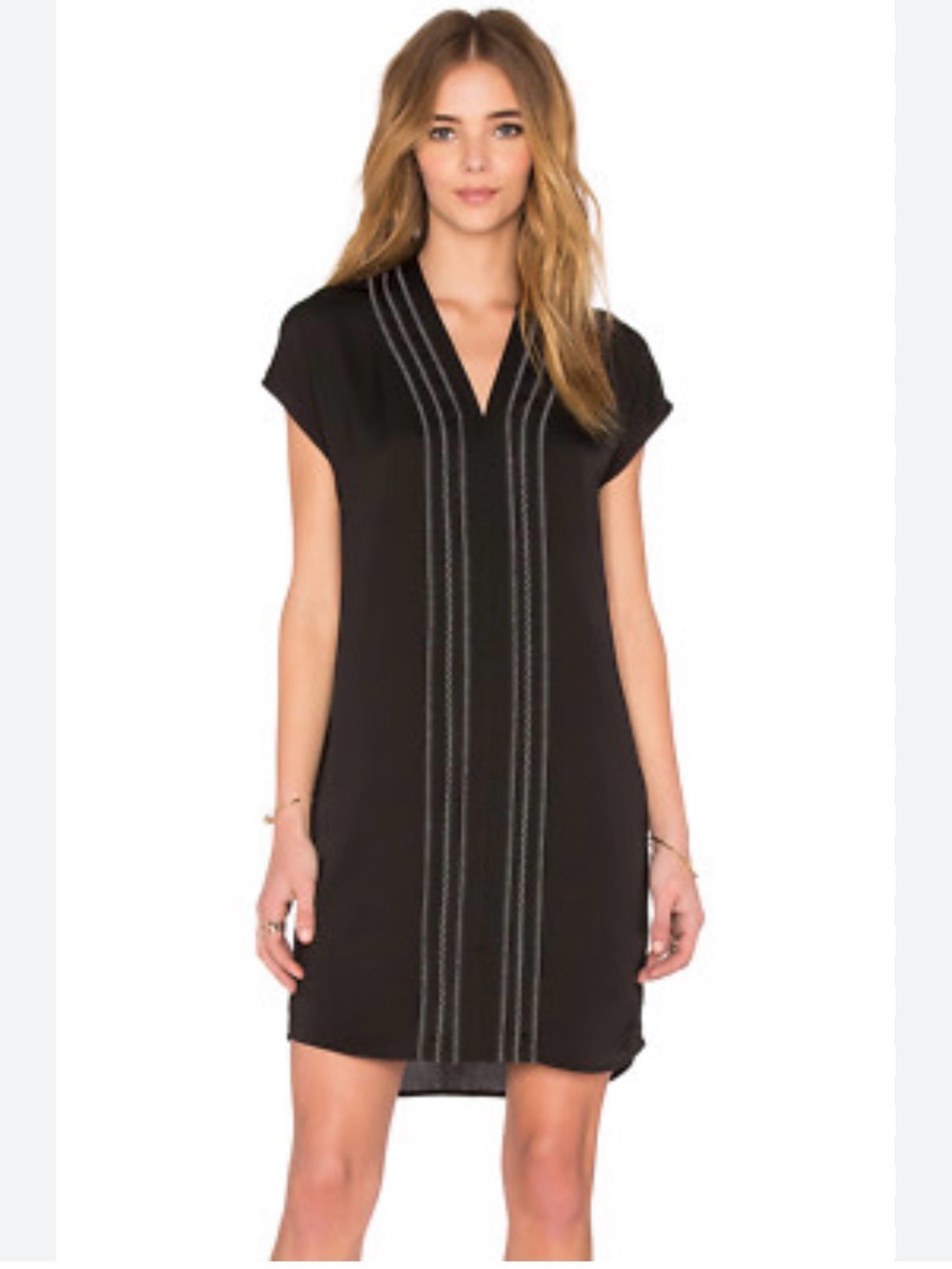 Vince Black V-Neck Tunic with Contrast White Stitching